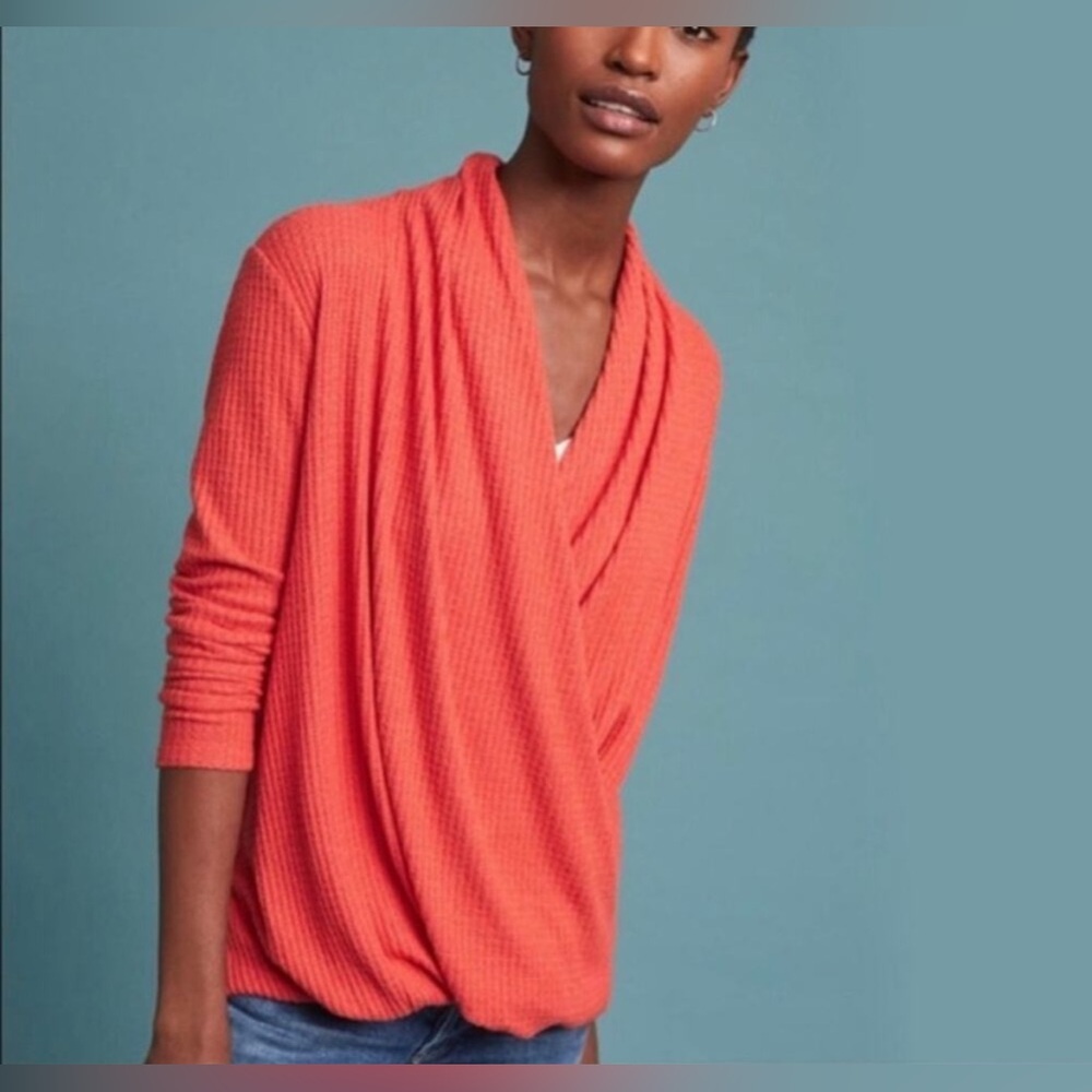 Anthropologie Akemi + Kin S Orange Woodruff Waffle Knit Wrap Sweater